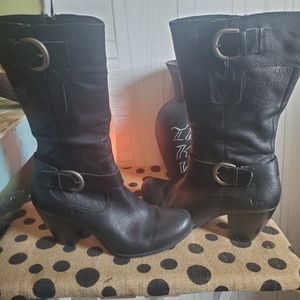 B.o.c.black leather tall buckle heel boots, size 9